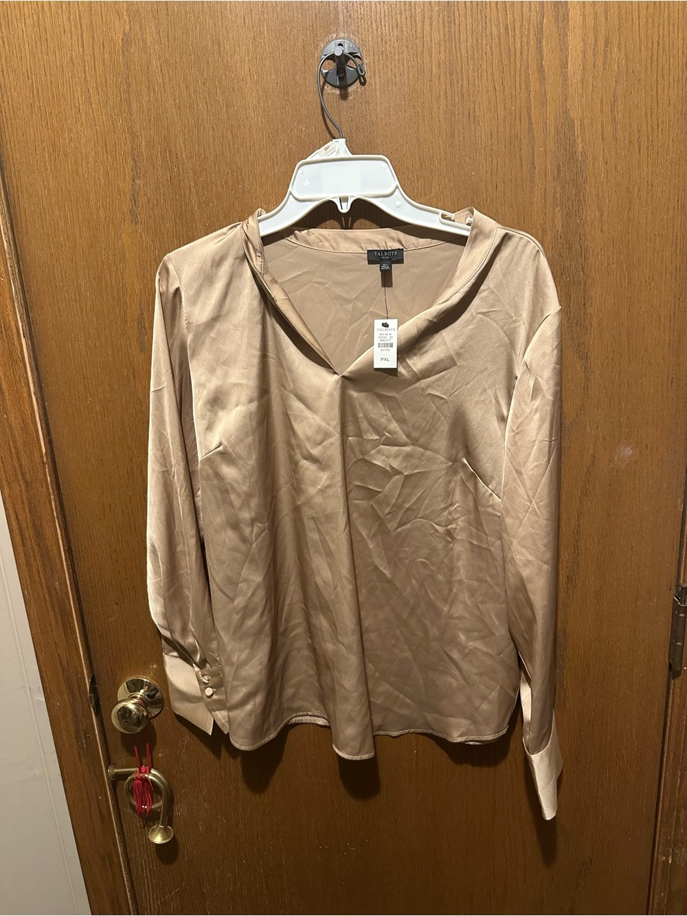 Talbots Beige Satin V-Neck Long Sleeve Blouse